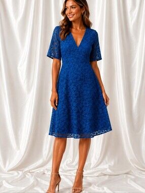 JOSEPH Holly Blue Floral Lace V-Neck Fit & Flare Midi Dress Size 42